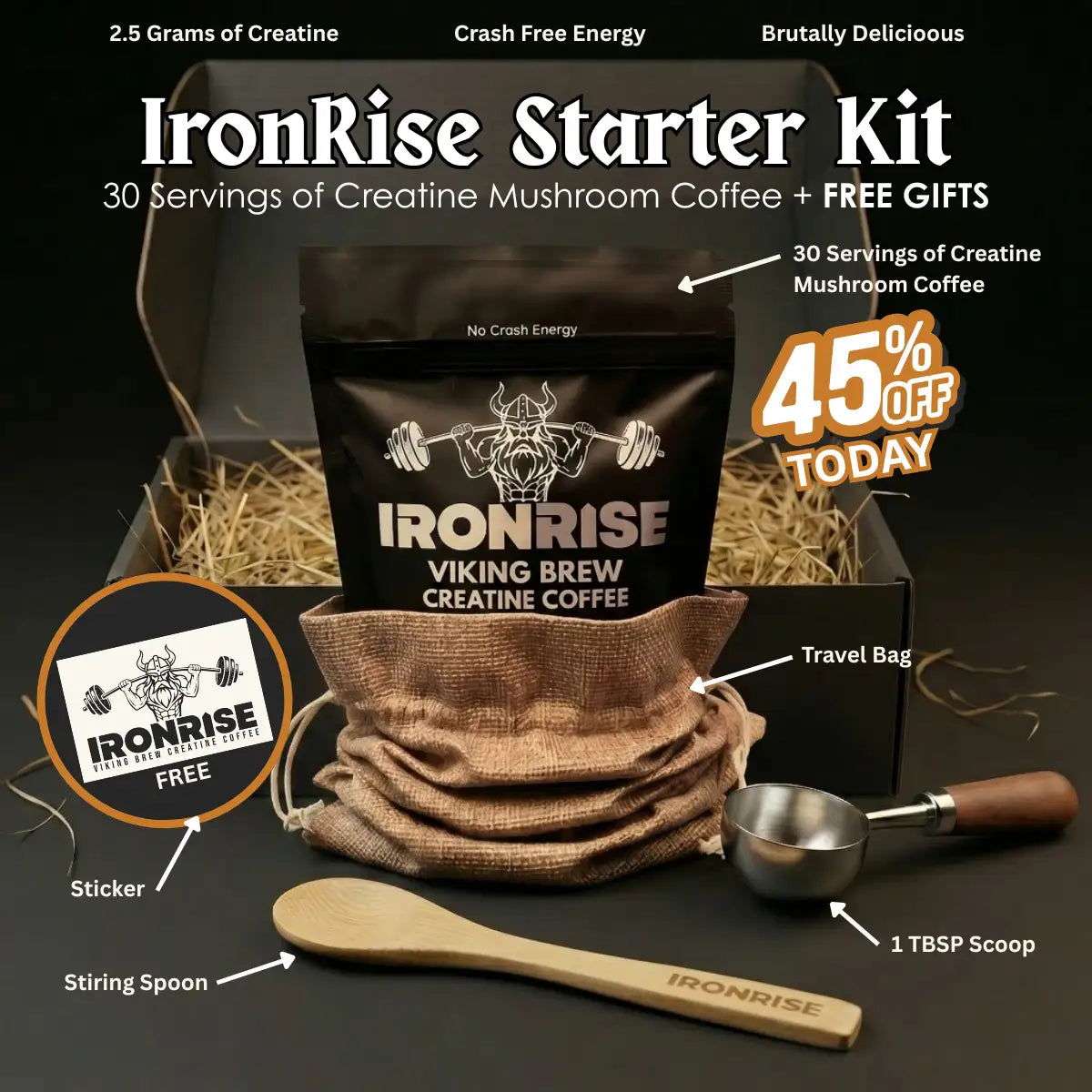 Viking Brew Creatine Coffee Starter Kit featuring a bag of IronRise premium Arabica coffee blend