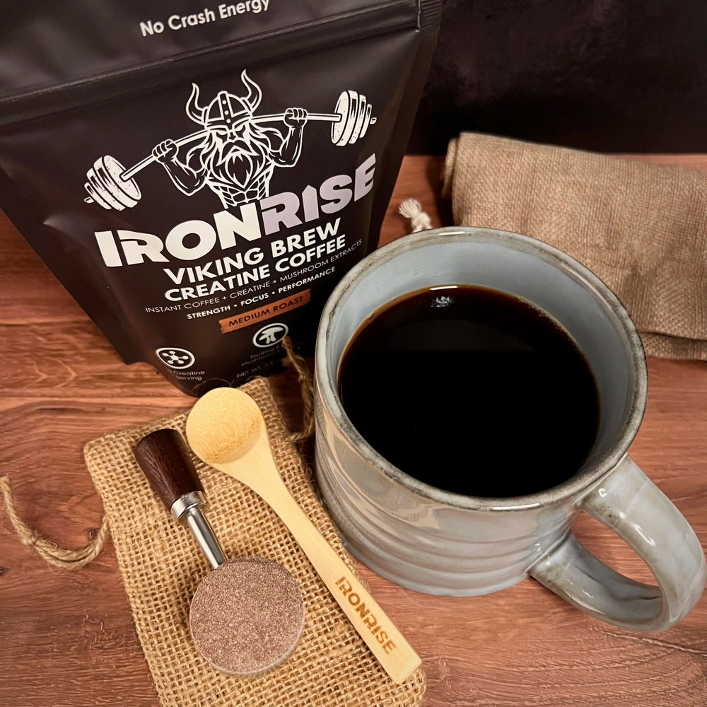 Forge Your Mornings - IronRise Creatine Coffee with scoop and spoon